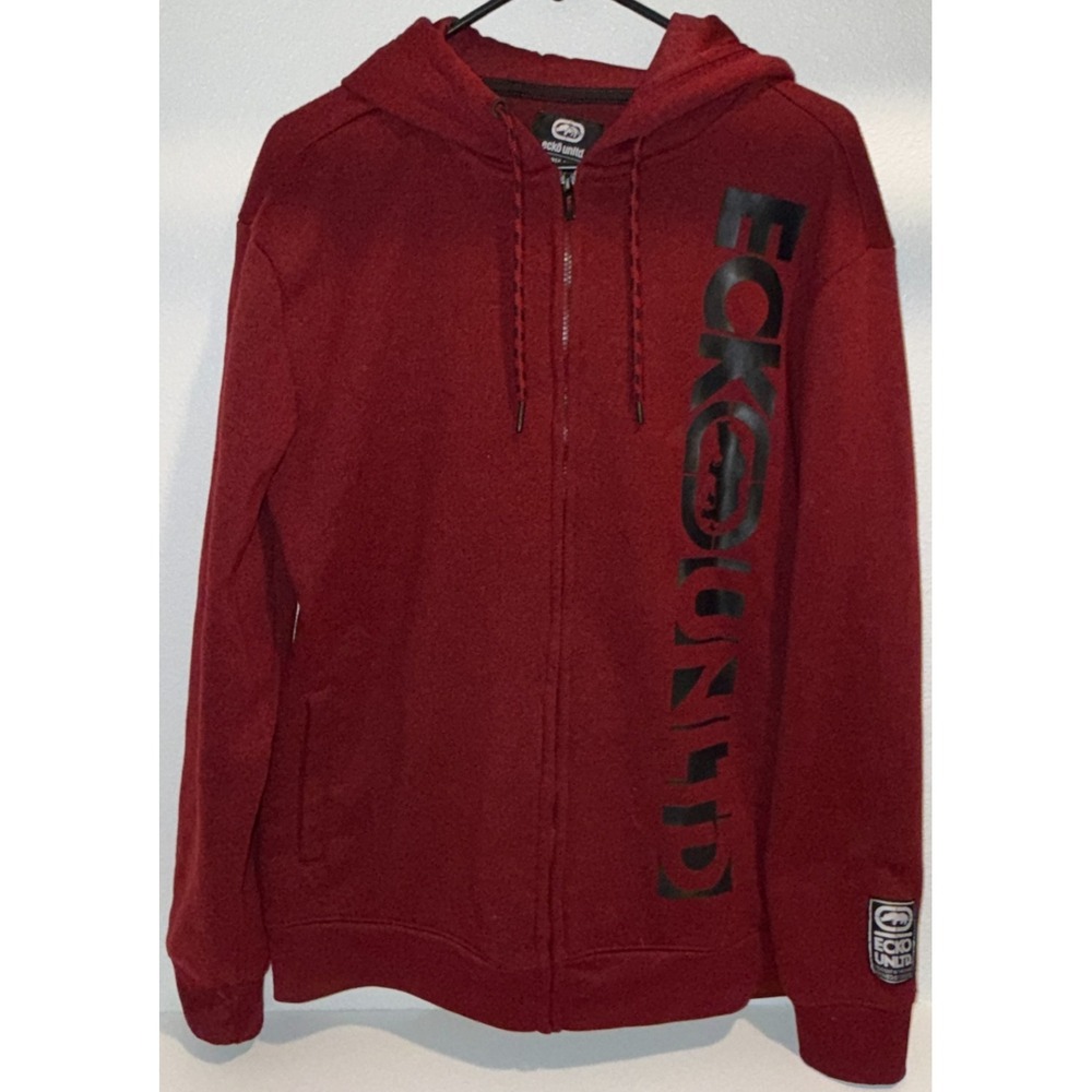 Ecko Unltd Burgundy Full Zip Hoodie Mens Medium Graphic Logo Sweatshirt